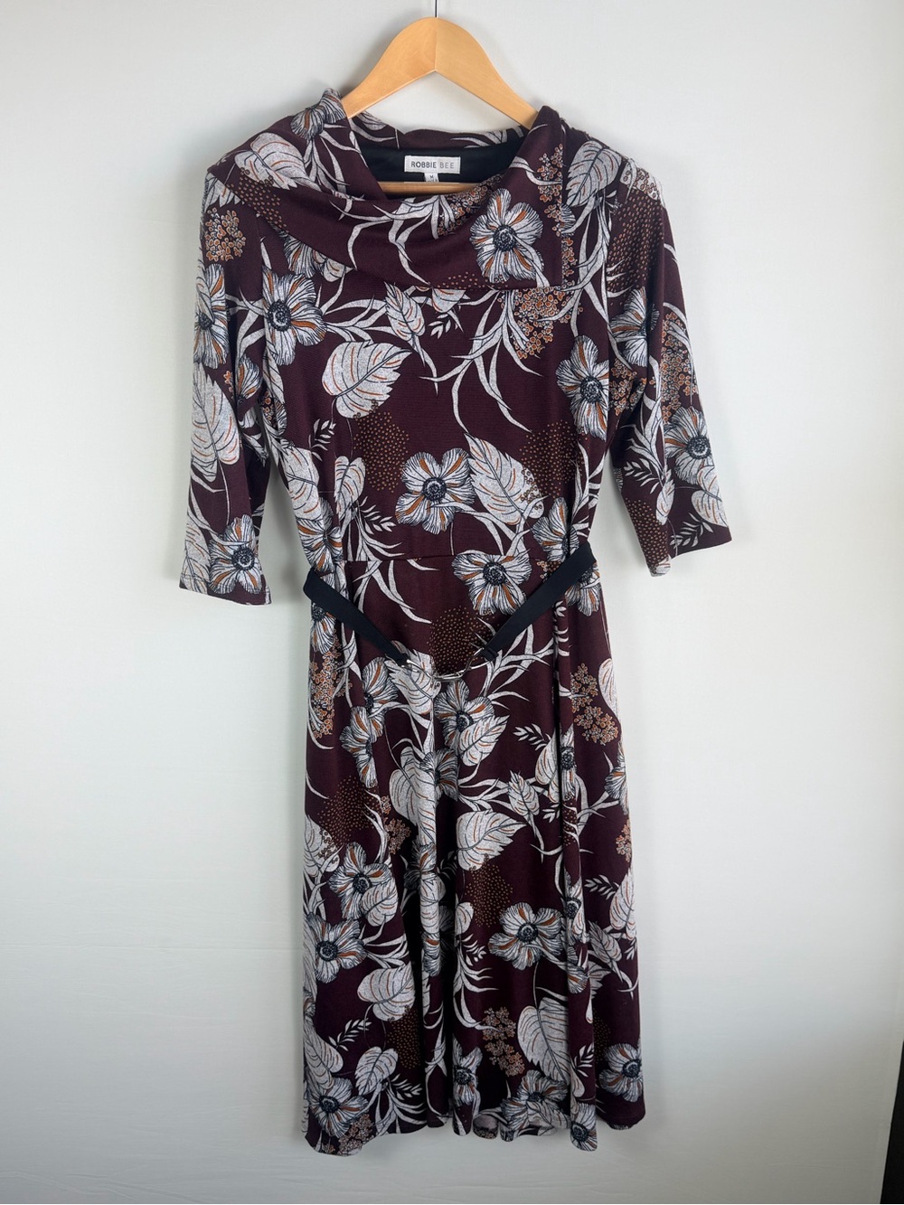 Robbie Bee Burgundy Floral Belted Midi Dress Size Medium Cowl Neck
